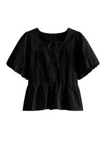 Women's Solid Color Minimalist Daily Short Sleeve Blouse Black Summer - Black - View 5
