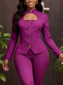 优雅紫色镂空领修身纽扣前襟正式宴会商务衬衫 - 紫色 - 查看 2