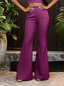 女士紫色高腰喇叭裤，修身显瘦喇叭裤，适合派对、晚宴、办公场合穿着 - 紫色 - 查看 2
