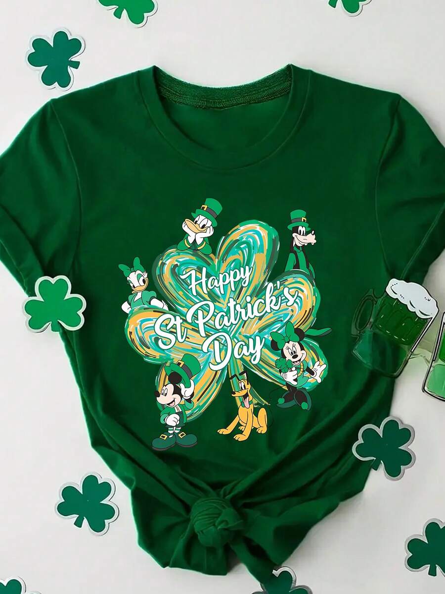 Disney Women's T-Shirt Featuring St. Patrick's Day-Themed Mickey Mouse And Friends With A Four-Leaf Clover Cartoon Print. Spring/Summer Women's Crew Neck T-Shirt Crafted From Soft, Comfortable Fabric. A Stylish Disney Women's Graphic Tee Perfect For Everyday Wear, Outings, Travel, And Leisure. Also Makes An Exquisite Gift. - Green - View 1