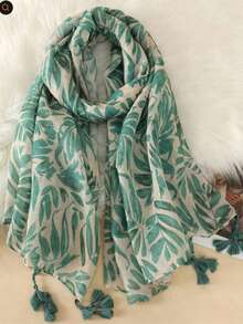 1条女士绿色叶子图案围巾，适合旅行和日常佩戴 - 綠色 - 查看 3