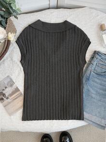 Summer New Old Money Style V-Neck Notched Collar Ribbed Knit Top – Slim Fit Ice Silk Blouse For Women - Dark Grey - View 10