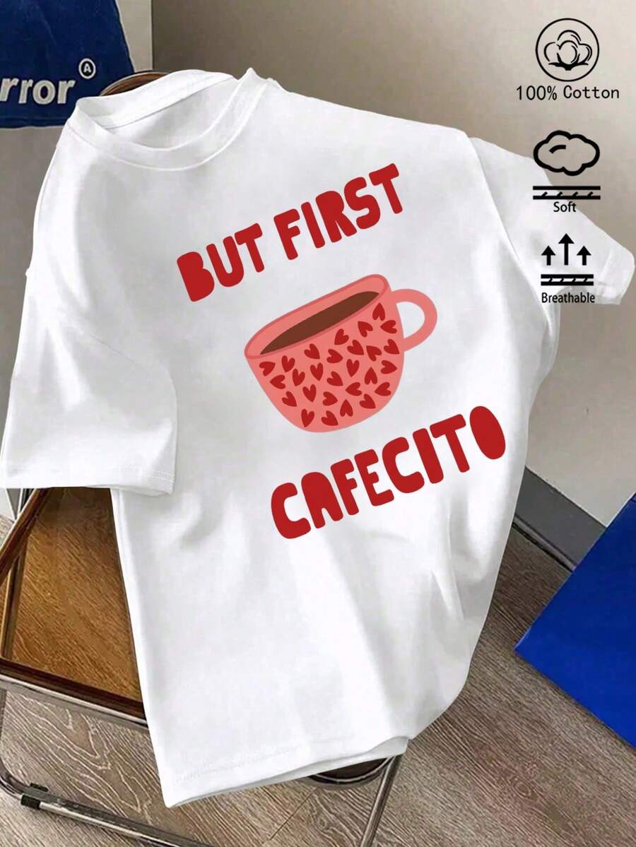 100%纯棉女士T恤，拉丁风情图案T恤，春夏新品，女士运动服，时尚柔软透气短袖上衣 - 白色 - 查看 1