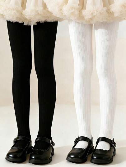 2pcs Girls Black & White Dance Tights, Classic Vertical Striped Design, Casual Versatile Comfortable Warm Thermal Lined Leggings, Fashionable Soft Durable Tights Suitable For Birthday Gift, Outdoor Activities, Dance Practice, Daily Wear, Valentine's Day Outfit