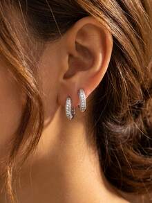 1 Đôi bông tai bạc 925 mạ đá Zirconia tối giản, trang sức tinh tế thích hợp đeo hàng ngày. - 2 bông tai đính kim cương nguyên khối - Xem 3