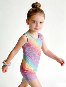 E.DANCE 3pcs/Set Girls Gymnastics Leotard And Shorts Set, Girls Athletic Jumpsuit Leotard,   Dance Activewear, Suitable For Casual, Sports, Competition - Star rainbow - 查看 5
