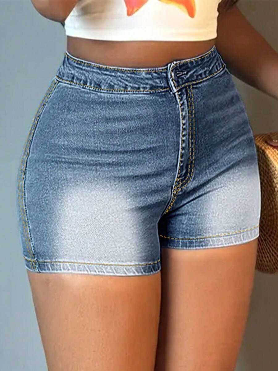 Shorts pantalones de mezclilla mujer dama, pantalones cortos de mezclilla azul claro elásticos ajustados corte recto, lavado clásico con bolsillos prácticos, estilo casual versátil para outfits diarios - Azul - Ver 1