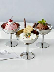 1pc Stainless Steel Dessert Cup/Ice Cream Bowl With High Handle, Tall Stem Ice Cream Cup, Ice Cream Serving Bowl With Stand, Suitable For Home, Party And Restaurant Desserts, Food Blogger Photography Props, Stationery, Afternoon Tea Desserts And Parties, Fruit Salad, Suitable For Family, Restaurant And Hotel Gatherings, Silver, Suitable For Women, Men And Family Gifts - Multicolor - View 3