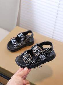 2025 Summer New Girls' Rhinestone Double Buckle Sandals, Soft Sole Anti-Slip Breathable Beach Shoes, Casual Sandals For Toddlers & Little Kids - Black - View 3