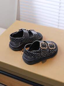 2025 Summer New Girls' Rhinestone Double Buckle Sandals, Soft Sole Anti-Slip Breathable Beach Shoes, Casual Sandals For Toddlers & Little Kids - Black - View 6