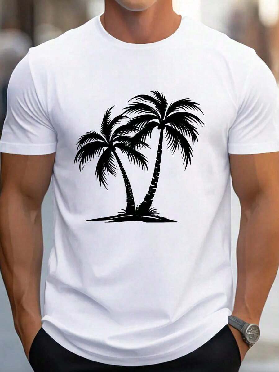 Camiseta con Estampado de Palmeras, Camisetas de Manga Corta con Cuello Redondo para Hombre, Regalos para Hombre, Camisetas para Uso Diario y Estilo Casual - Camiseta Unisex de Algodón Suelto de Manga Corta con Cuello Redondo Estilo Vintage Urbano - Blanco - Ver 1