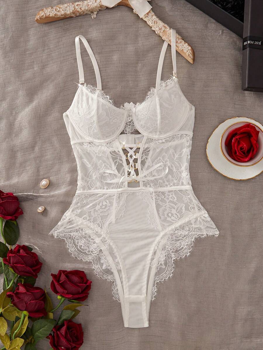 Lace Patchwork Tie-Up Sleeveless Jumpsuit, Summer - White - View 1