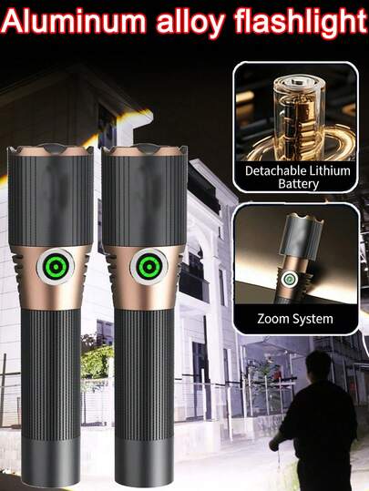 2/1pc Hardcore Tactical High-Intensity Zoom Flashlight - Bright And Powerful Long-Range Shooting + Type-C Fast Charging + Aluminum Anti-Drop Body + Three-Level Dimming + Waterproof. Suitable For Mountain Hiking, Tunnel Maintenance, Earthquake Emergency Response, Night Security, Night Market Vending, And Vehicle Backup In Multiple Scenarios, Providing Reliable Lighting For Long-Term Outdoor Use