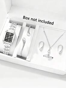Bộ trang sức nữ 6 món gồm đồng hồ, vòng tay, dây chuyền, bông tai và nhẫn, kiểu dáng cổ điển thanh lịch, phù hợp để đeo hàng ngày, dự tiệc hoặc làm quà tặng cho bạn bè và mẹ. - Bạc - Xem 6
