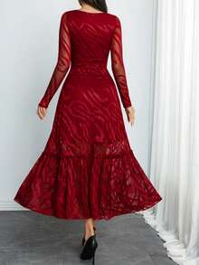 Sexy Elegant Vintage Fashion Lace Abstract Pattern Jacquard Double-Layer Lining Flared Dress, Work Commute Or Holiday Party Vacation Spring - Burgundy - View 4