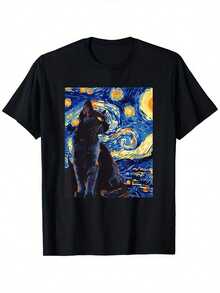 Camiseta Divertida con Diseño de Gato en la Noche Estrellada para Amantes de Gatos, Estilo Holgado, Nueva Camiseta Unisex de Manga Corta, Casual y Cómoda, 100% Algodón, Tallas S-XXXL - Negro - Ver 1