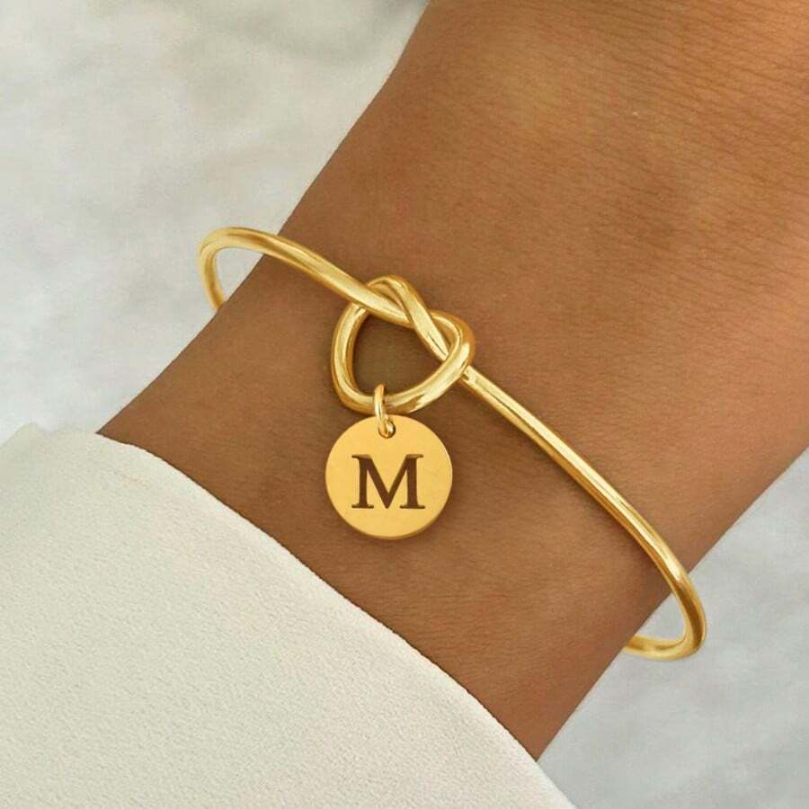 1pc New Classic Round Hollow Initial Pendant Golden Opening Bracelets For Women - Yellow Gold - View 1