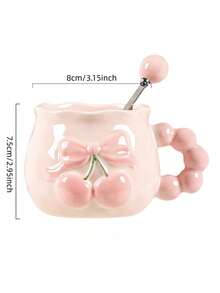 2026ins Girl Style Cream Ceramic Water Cup, Gentle Color Palette, 3D Embossed Cherry And Bow Design On Cup Body, Cloud Beaded Handle, Wavy Rim, Creative Artistic Design With Atmospheric Vibe, Matching Exquisite Ceramic Spoon From The Same Series, Higher Aesthetic Value As A Set. Ceramic, Heat-Resistant, Smooth Glazed Surface, Easy To Clean - Multicolor - View 11