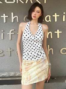 Áo tank top nữ Kliou Knot kiểu yếm hở lưng, chất liệu polyester chấm bi, dáng suông, độ co giãn vừa phải, thích hợp cho kỳ nghỉ hè, kiểu dáng thường ngày. - trắng - Xem 7