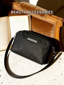 女士时尚纹理单肩包，休闲通勤斜挎拉链手提包 - 黑色 - 查看 2