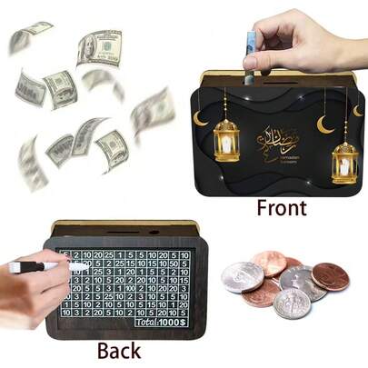 1个木制小猪存钱罐，双面图案设计，家庭硬币储蓄计划，青少年节日礼物，非电动硬币存储必备品，礼品创意，长方形存钱罐，适合生日派对、返校季、新奇玩具