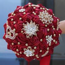 1 Bouquet Elegant High-End Luxury Bridal Wedding Heart Butterfly Pearl Bouquet, Large Gold Crystal Satin Ribbon Rose, Burgundy Fabric Everlasting Flower, Artificial Fabric Rose Bouquet W1207 - Burgundy - View 7