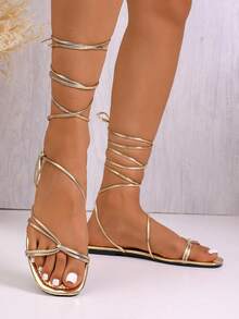2026 Spring/Summer Women's Sandals, 1 Pair Sexy Open Toe Roman Style Criss-Cross Strap Sandals, Suitable For Hot Girls, Parties, Vacations And Other Occasions. Featuring Interwoven Gold Straps Design, Exuding Fashionable Vibe For Vacation And Dating, An Essential Summer Fashion Item For Ladies. - Gold - View 5