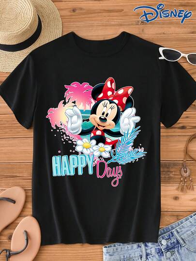 Disney 迪士尼IP授权米妮图案印花短袖T恤，圆领，弹力面料，易打理，适合日常穿着，时尚女式短袖T恤，休闲服饰