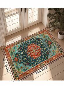 1pc Bohemian Style Paris Garden Printed Carpet, Suitable For Living Room, Bedroom, Dining Room, Dorm, Office And Other Home Decor, Non-Slip Vintage Farmhouse Style Rug - Red - View 2