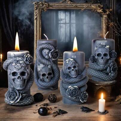 Cylinder Snake Incense Candle Silicone Mold, Skull Shaped Halloween Decoration Candle Mold