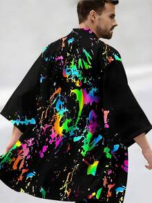 Music Festival Bold Statement! Iridescent Fluid Print Woven Cardigan, Avant-Garde And Eye-Catching, Men's Spring And Summer Streetwear And Birthday Gift Choice, Iridescent Fluid Pattern Men's Printed Cardigan - 彩色 - 查看 3