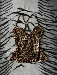 Women's Y2K Grunge Leopard Print Cami Top - Brown, U-Ring Detail, Ruched Bust, Slim Fit - Multicolor - View 4