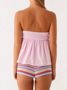 Women Sexy Strapless Ruffle Hem Tube Top Summer Solid Sleeveless Backless Tube Top Pleated Peplum Flowy Bandeau Top - Pink - View 5