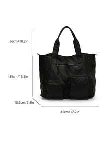 Black PU Leather Crocodile Texture Large Capacity Tote Bag, Multi-Pocket Design Suitable For Various Occasions, Can Be Worn As Shoulder Or Crossbody Bag, Adjustable Strap, Fits 16-Inch Laptop, Files, Great For Shopping, Travel, Holidays, Casual, Soft Texture - Black - View 8