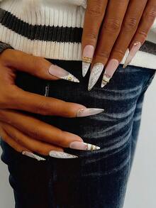 10pcs Y2K Nails Stiletto Press On Nails Set - Handcrafted, White Nails, Pink Nails, White French Tip Nails, Handmade 3D Gold Ring And 3D Rhinestone Ring Nails Art, Hand Drawn White Lace And Gold Pattern Design, Sparkling Gold Rhinestone Decoration, Delicate Graceful Nails Handmade Press On Nails - 彩色 - 查看 2