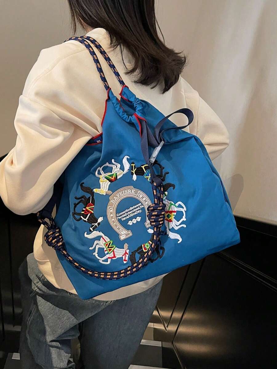 网红同款刺绣抽绳手提袋，游乐园设计，学生/通勤包 - 藍色 - 查看 1