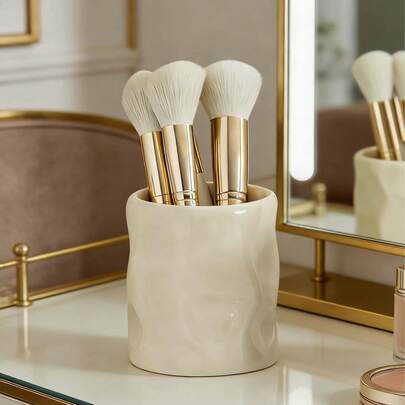 1pc Asymmetrical Shaped Resin Makeup Brush Holder, Asymmetric Surface Embossed, Multifunctional Desktop Decor, Mini Vase And Storage Box, Suitable For Living Room, Bedroom And Office (White And Purple)