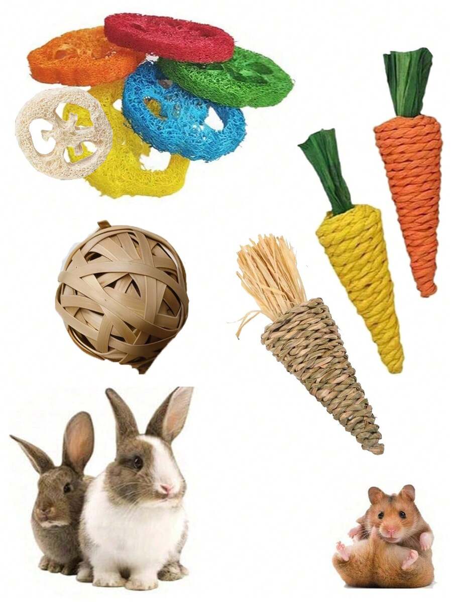 Rabbit Hamster Chew Toy Set, Woven Grass And Luffa Chew Toys For Chinchillas, Guinea Pigs And Small Animals - View 1
