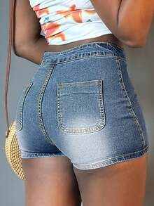 Shorts pantalones de mezclilla mujer dama, pantalones cortos de mezclilla azul claro elásticos ajustados corte recto, lavado clásico con bolsillos prácticos, estilo casual versátil para outfits diarios - Azul - Ver 2