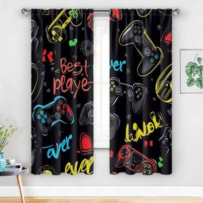 2pcs Abstract Joystick & Video Game Print Curtains - Ideal For Boys Room And Teen Spaces, Polyester Home Decor