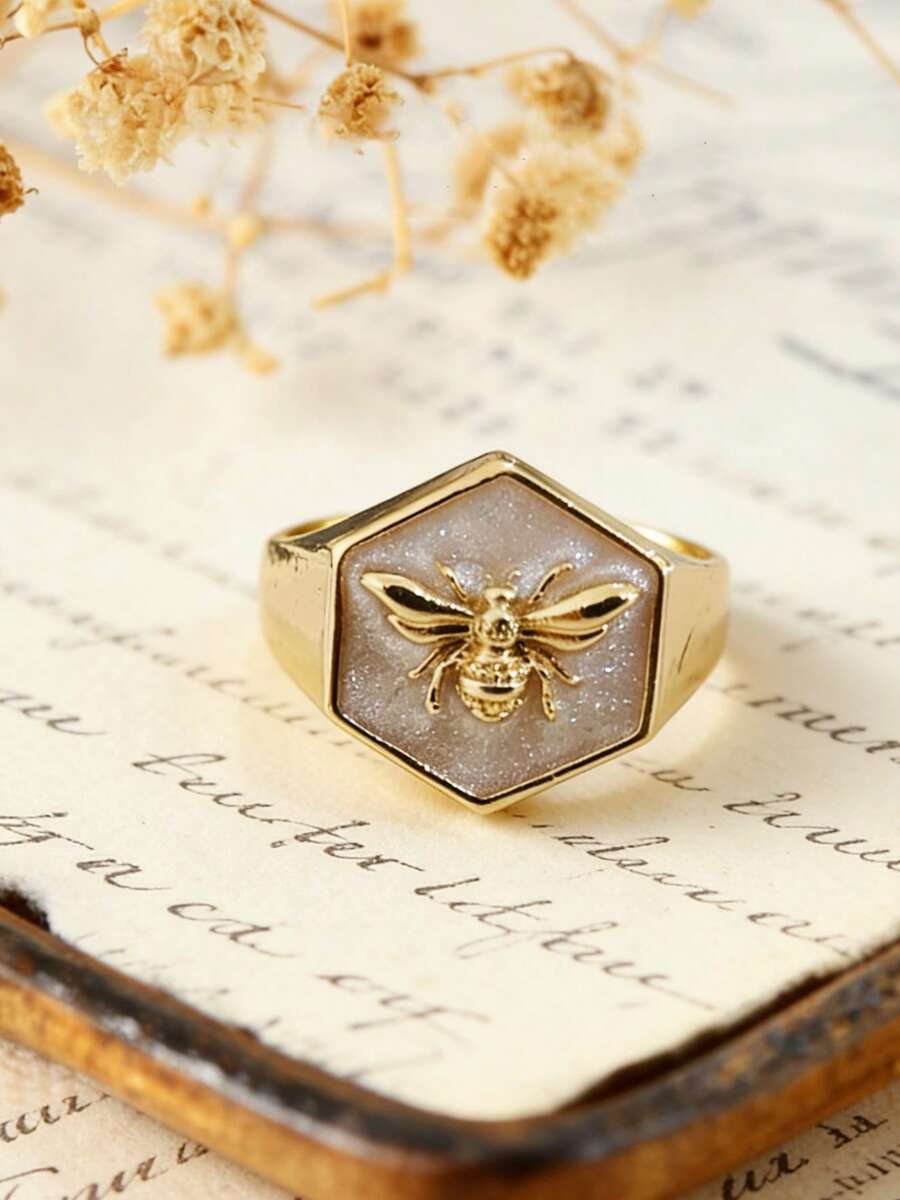 1枚复古优雅镂空蜜蜂设计戒指，简约珠宝，适合周年纪念、订婚、婚礼、派对、节日等场合（不含包装盒） - 金色 - 查看 1