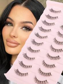 10 Pairs Clear Band Faux Mink Lashes Spiky Cat Eye Lashes Natural Eyelashes, Look Like Eyelash Extensions, 3D Lashes False Eyelashes - Black - View 1