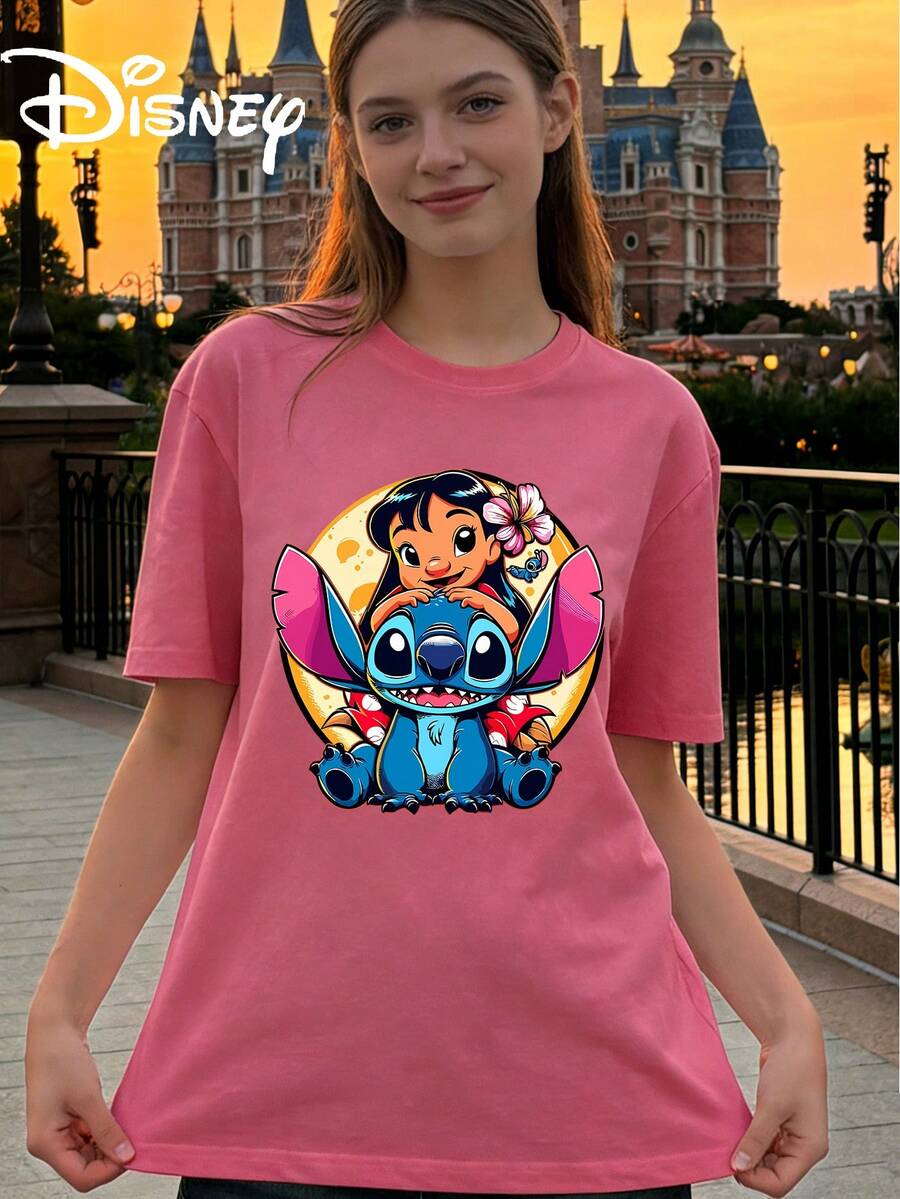 Disney Interstellar Baby Lilo Riding Stitch Printed Loose Short Sleeved T-Shirt Women's Casual Top - Hồng - Xem 1