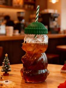 1 Stück Mini Bär geformter Glas Becher, Honig Bär Strohhalm Becher mit grünem Deckel, transparenter süßer Bär Flasche, geeignet für Zuhause & Büro, Weihnachtsgeschenk, Lese Becher, Urlaubsgeschenk, interessantes Trinkgeschirr, haltbares Glasprodukt - Verschiedenfarbig - Übersicht 4