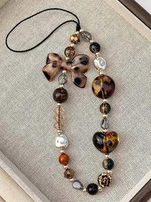 合金蝴蝶结元素 1 件装时尚手机链，饰有豹纹蝴蝶结和串珠，设计为短款腕饰，多功能复古吊坠，女士防丢挂链，适用于手机壳，春季礼物，生日派对佳品 - 彩色 - 查看 4