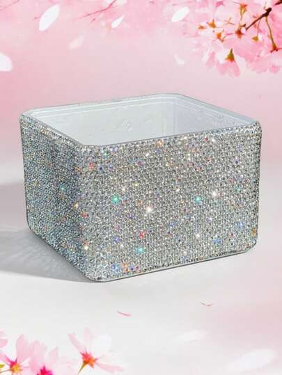 1pc Luxury Sparkling Rhinestone Decorated Makeup Organizer Box, Vanity Desk Perfume Hair Accessory Bathroom Skincare Lipstick Storage Box, Suitable For Desk Clutter Storage, Creative Gift