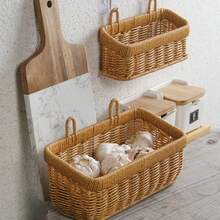 2 Pack Wall Hanging Woven Basket - Egg Ginger Garlic Ns Storage Box Solution Storage Basket, Large Capacity Plastic Imitation Vine Fruit Basket Kitchen Onion Weaving, For Kitchen Vegetables And Spices, Rustic Kitchen Organiser - 查看 2