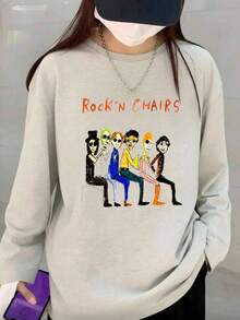 Y2k, 200g 100% Cotton T-Shirt, 2025 Women's Spring/Autumn Cartoon Character Print Long Sleeve Fun T-Shirt, Couple Style, Inner/Outerwear, Office Casual Round Neck Pullover Top - Xám nhạt [Áo phông vui nhộn/Quần áo thu nữ] - Xem 1