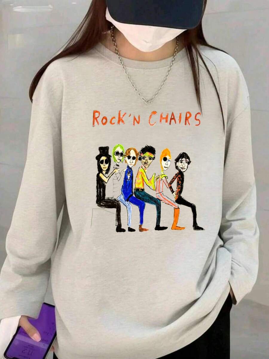 Y2k, 200g 100% Cotton T-Shirt, 2025 Women's Spring/Autumn Cartoon Character Print Long Sleeve Fun T-Shirt, Couple Style, Inner/Outerwear, Office Casual Round Neck Pullover Top - Xám nhạt [Áo phông vui nhộn/Quần áo thu nữ] - Xem 1