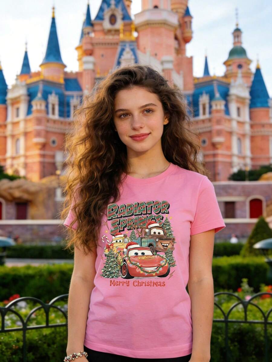 Disney Authorized | Unisex Casual T-Shirt, Cars Lightning McQueen & Mater Print, Christmas Holiday Theme, Retro Streetwear Tee - Pink - View 1